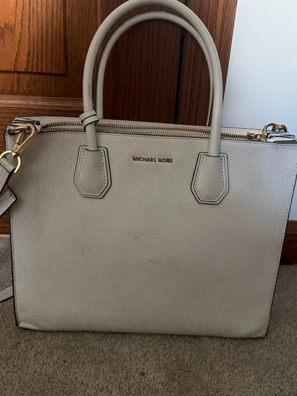 Michael Kors Cream Leather Tote with Gold Hardware